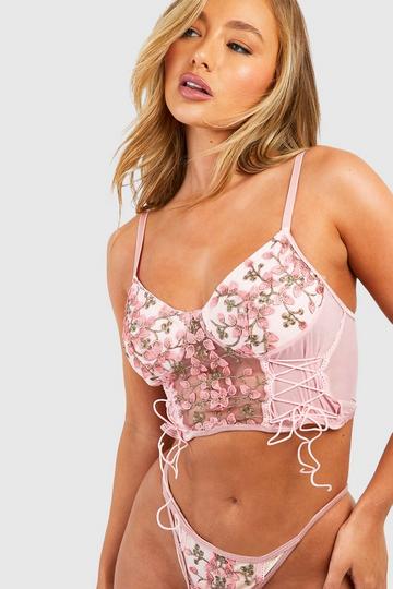 Floral Embroidery Bralette & Thong Set pink