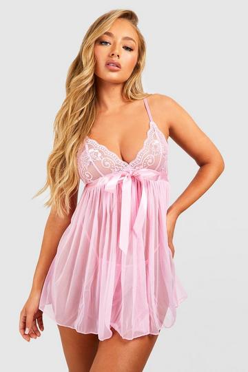 Pleated Bow Babydoll & String Set pink