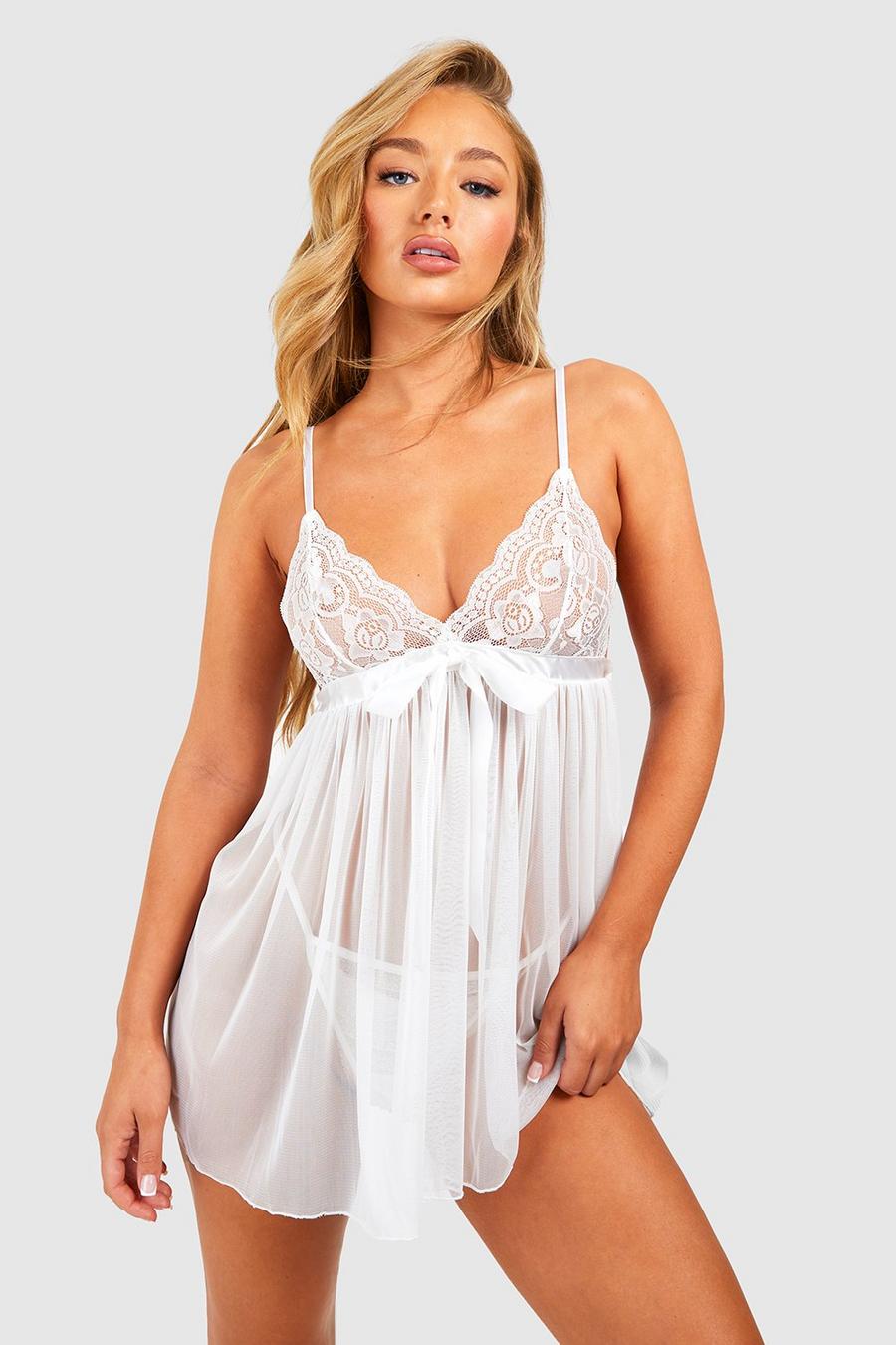 White Pleated Bow Babydoll & String Set image number 1