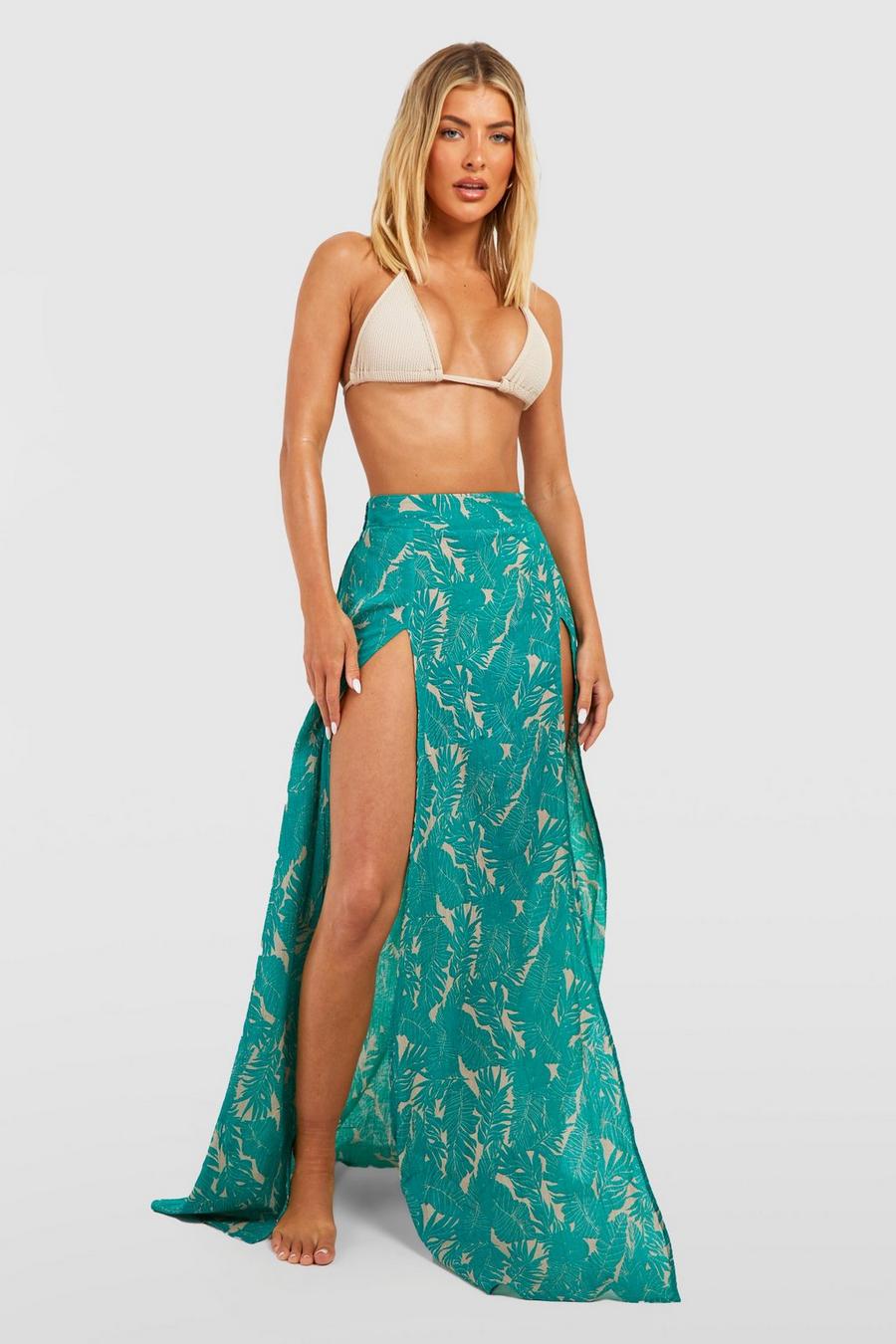 Mint green Tropical Crinkle Split Sides Beach Maxi Skirt