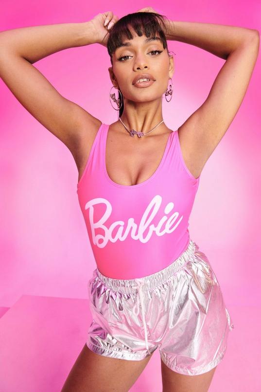 Barbie Pink Zip Up Bodysuit Swimsuit Scuba Type Top Nwt Lined Padded Bust  Logo