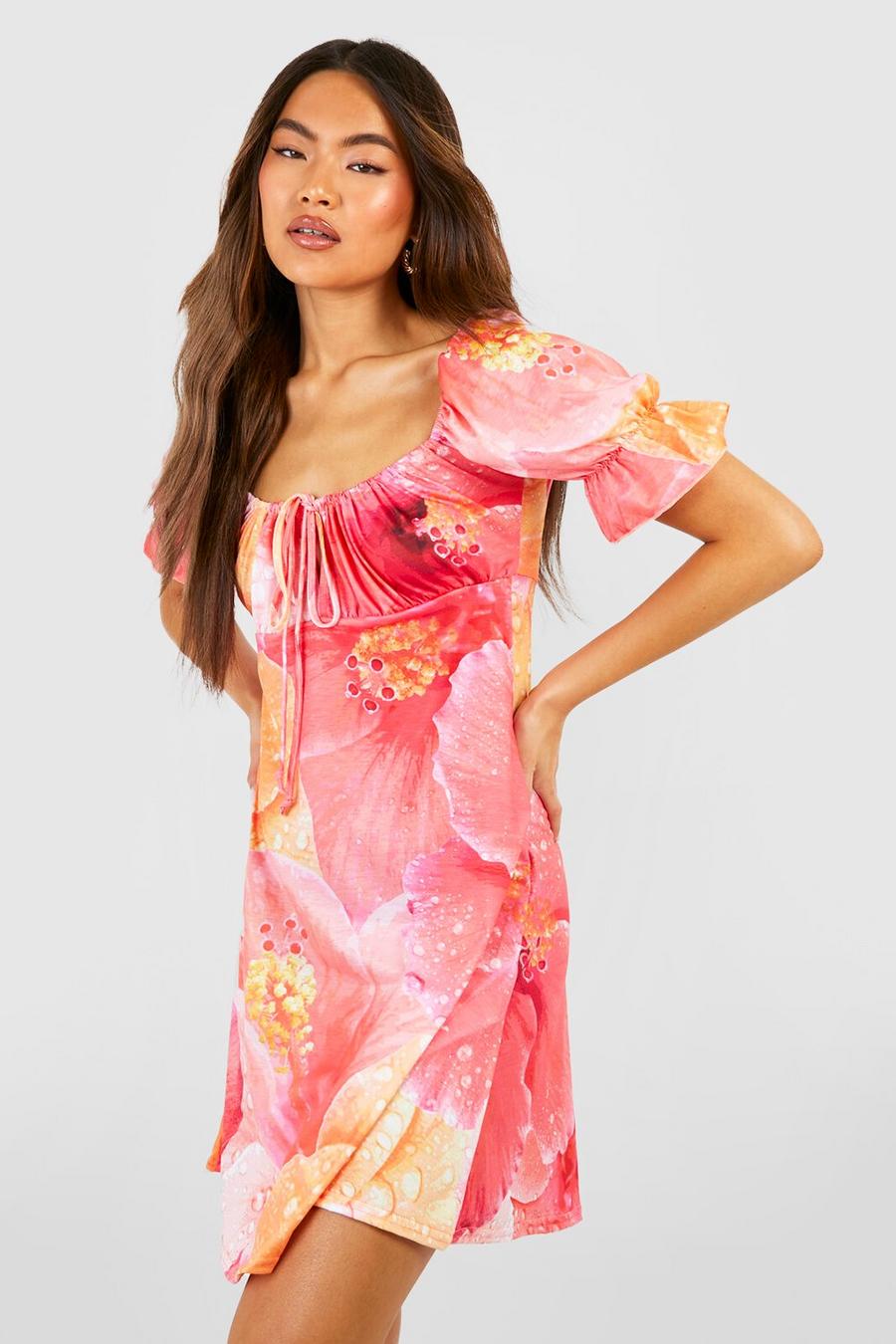 Pink Blommig klänning med puffärm image number 1