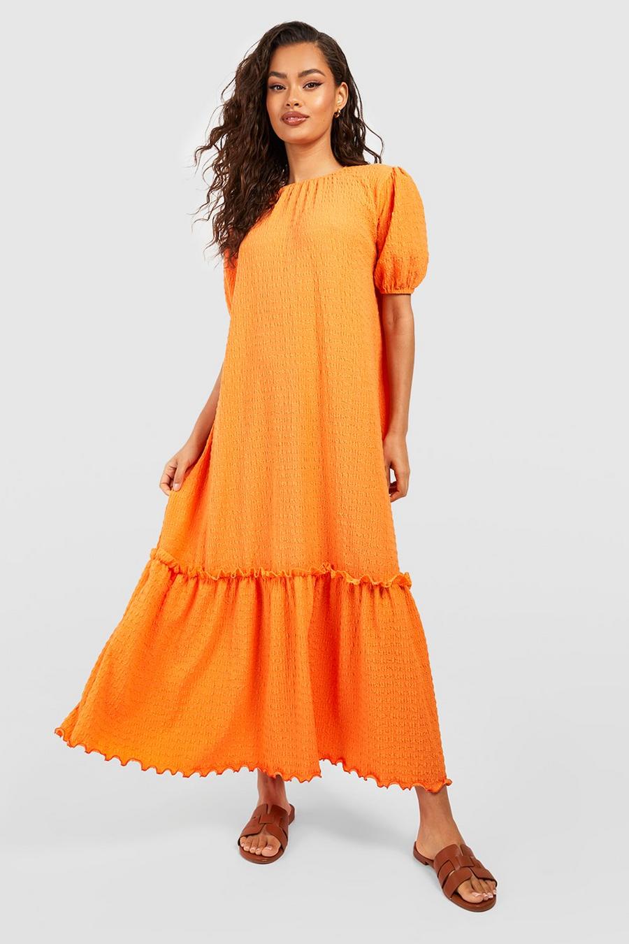 Orange Textured Midi Smock Dress