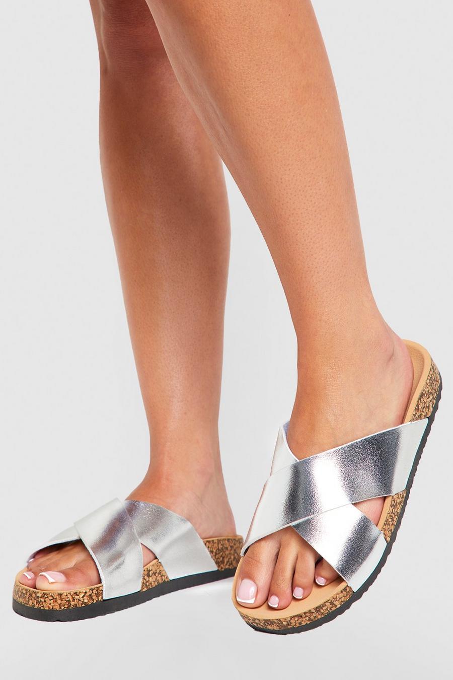 Silver Metallic Crossover Strap Footbed Sliders  image number 1