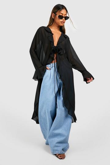 Woven Corsage Ruffle Detail Kimono black