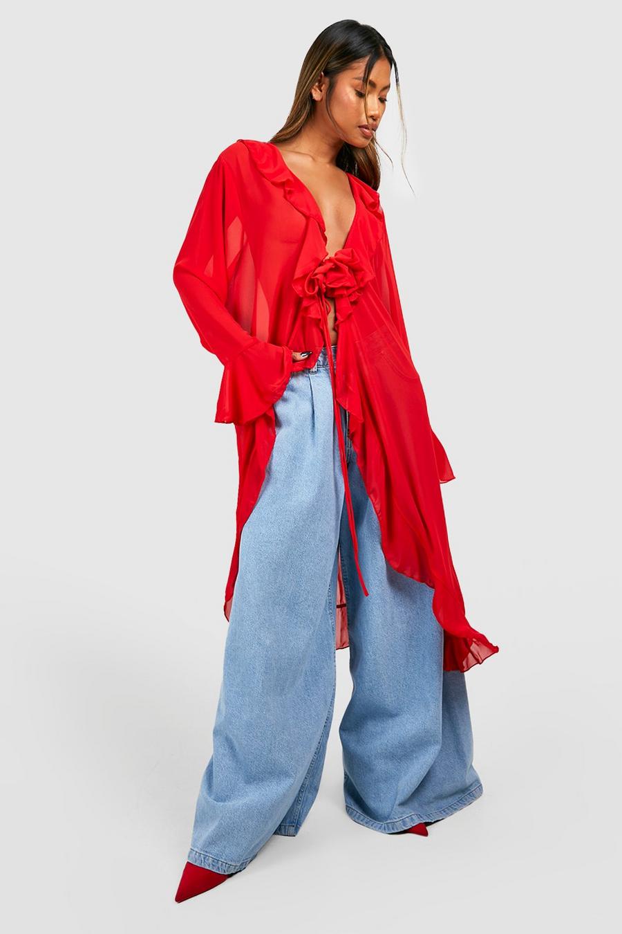 Red rouge Geweven Corsage Kimono Met Ruches