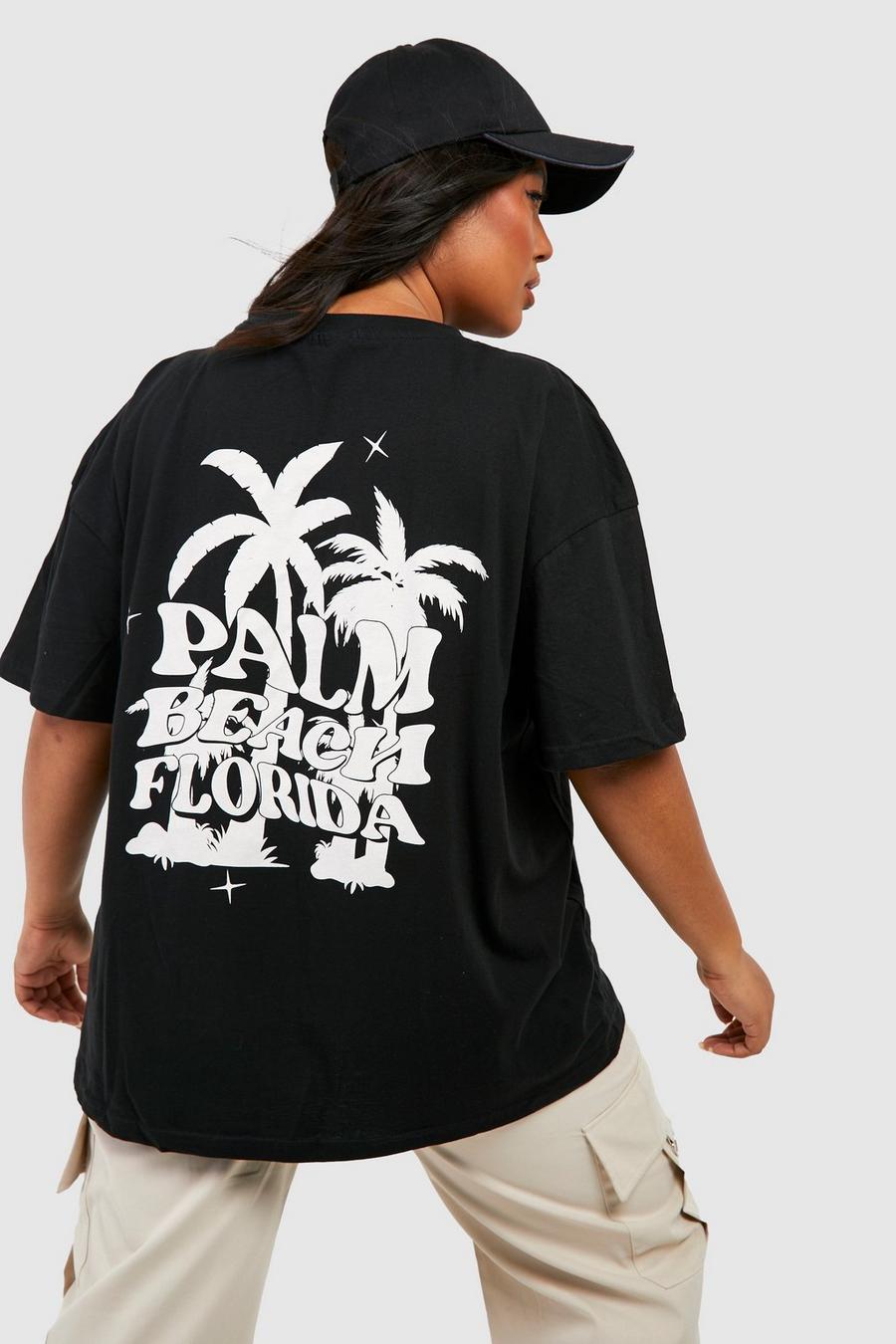 Camiseta Plus oversize con estampado de palmeras en la espalda, Black image number 1