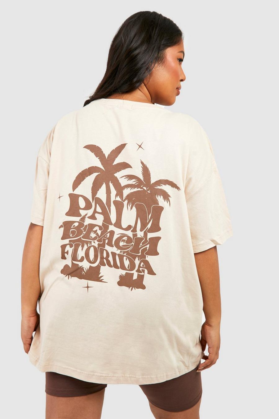 T-shirt Plus Size oversize con stampa Palm Beach sul retro, Stone image number 1