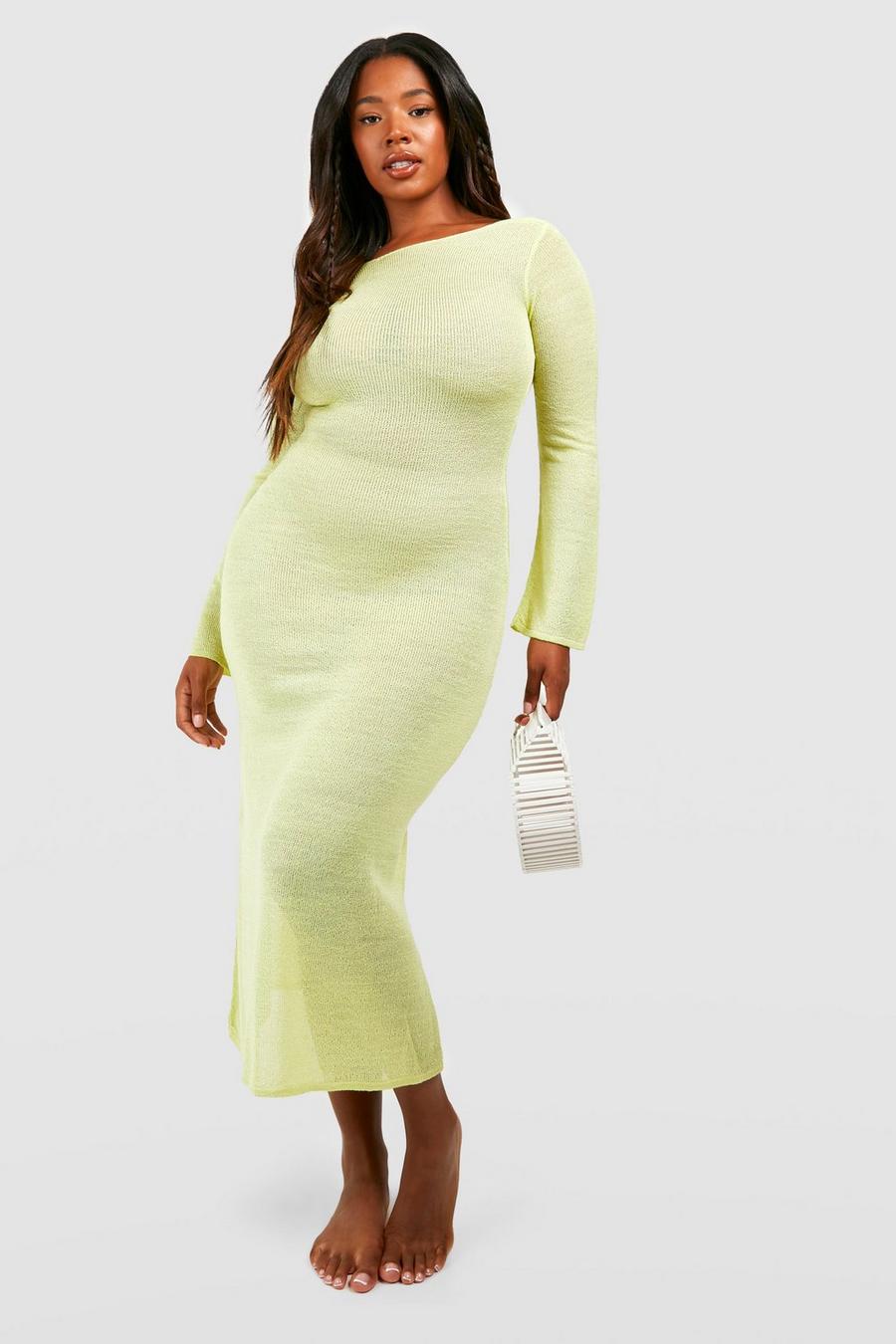 Chartreuse gul Plus Open Back Sheer Knit Crochet Beach Dress