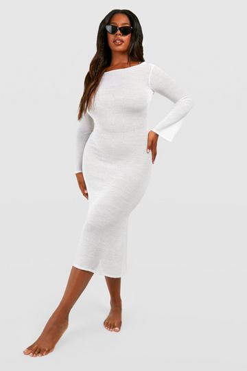 White Plus Open Back Sheer Knit Crochet Beach Dress