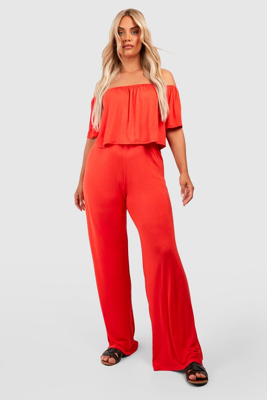 Top scampanato Plus Size con scollo Bardot & pantaloni coordinati, Burnt orange image number 1
