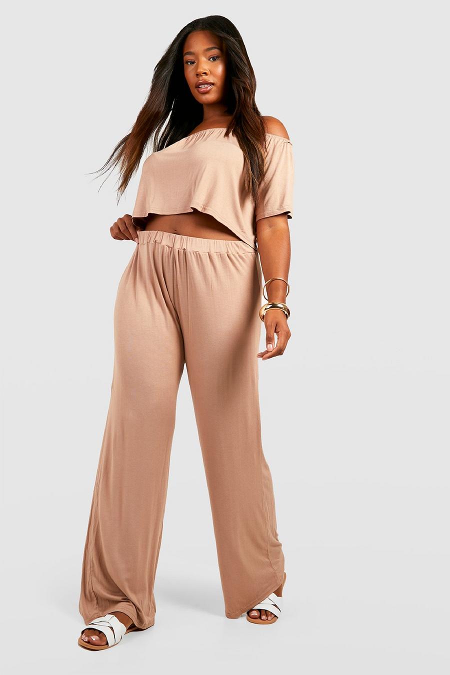 Camel Plus Off The Shoulder Swing Top And Pants Two-Piece