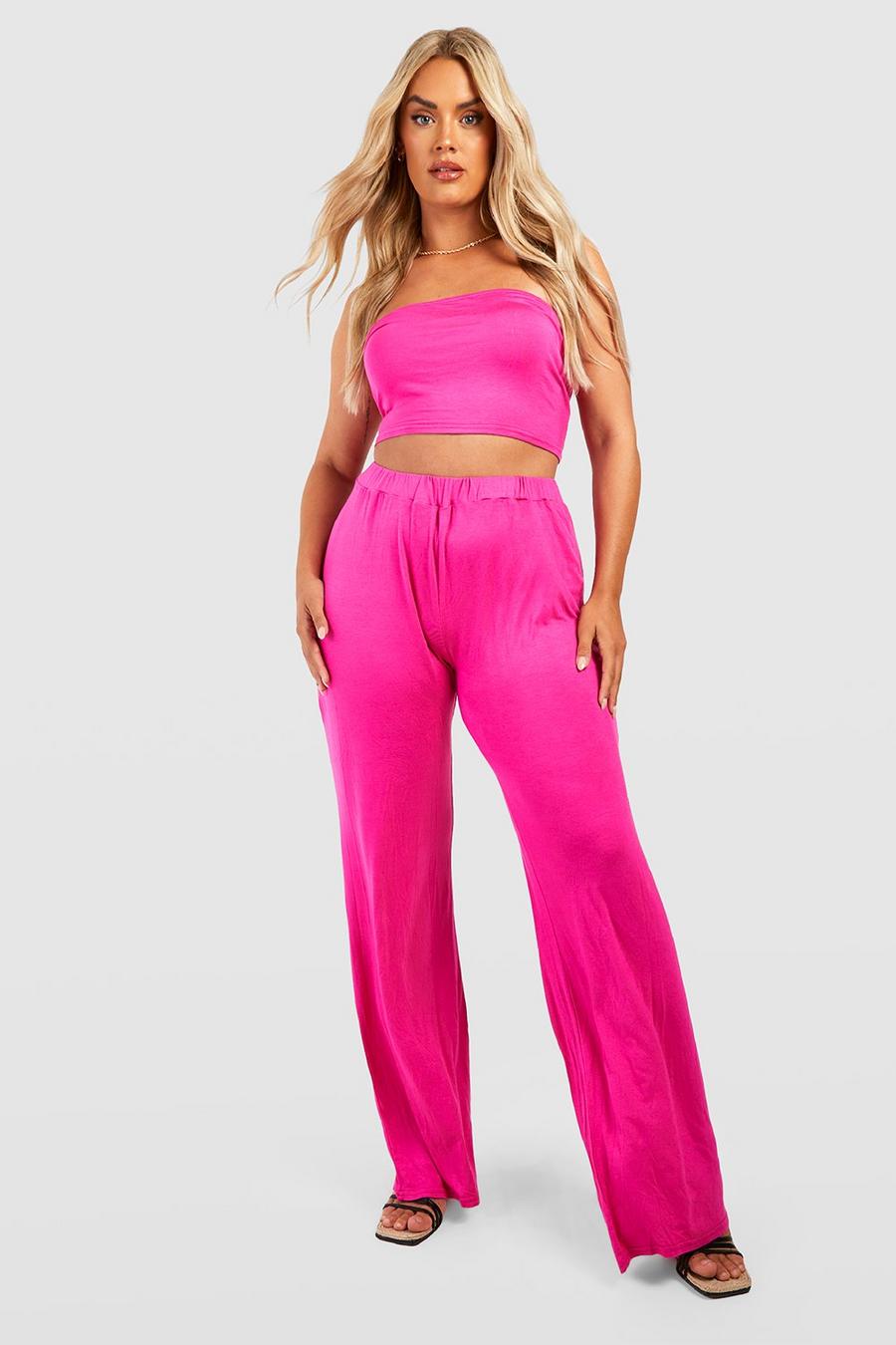 Hot pink Plus Bandeau And Wide Leg Pants Co-Ord image number 1