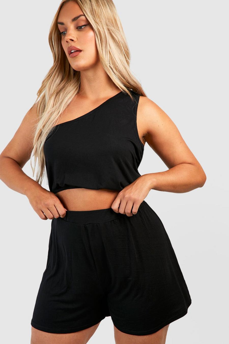 Black Plus One Shoulder Top And Flippy Short Co-ord