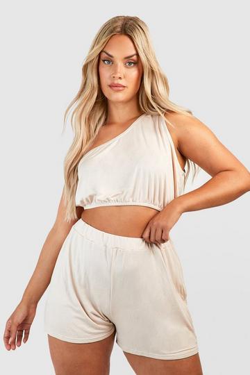 Stone Beige Plus One Shoulder Top And Flippy Short Co-ord