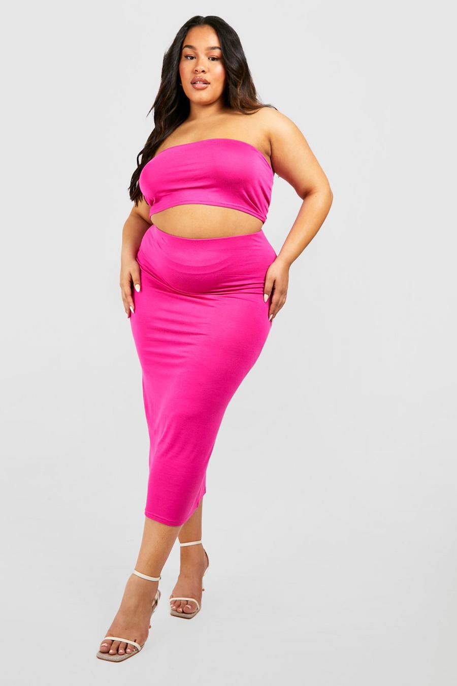 Hot pink Plus Textured Bandeau And Midaxi Skirt image number 1