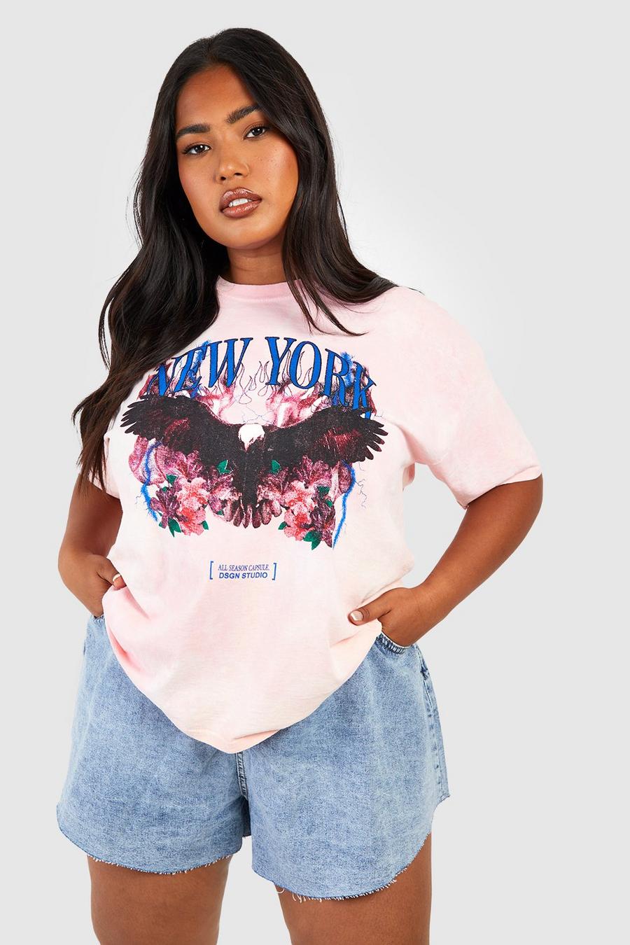 Camiseta Plus oversize con desteñido anudado y estampado gráfico, Pink