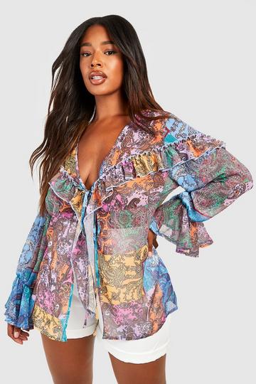 Plus Paisley Ruffle Detail Tie Front Blouse multi