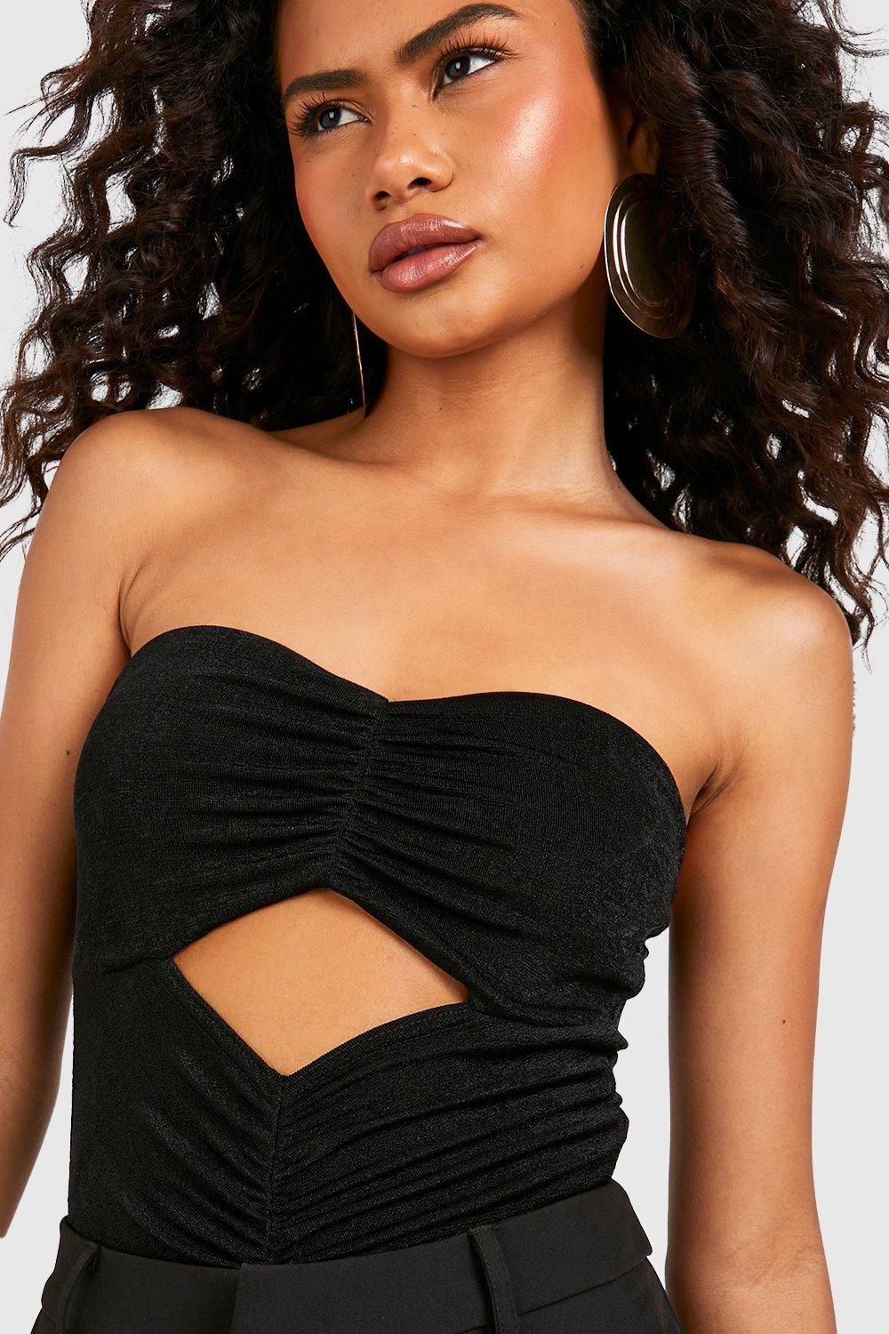 Women's Black Ruched Front Strapless Bodysuit