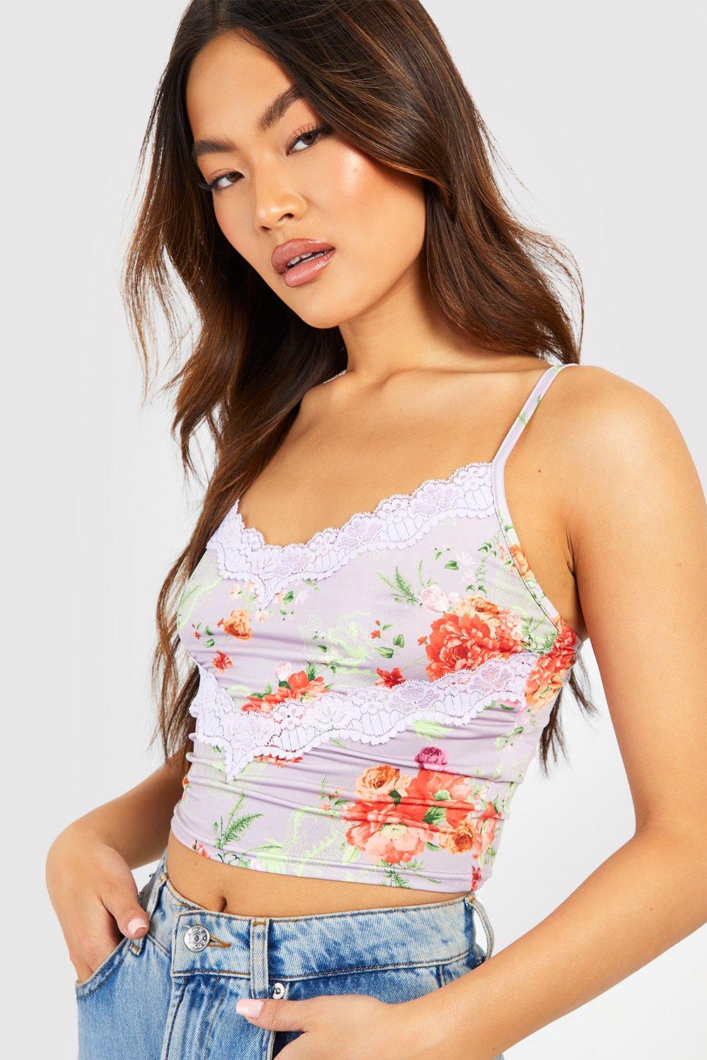 Floral Contrast Lace Trim Strappy Cropped Cami