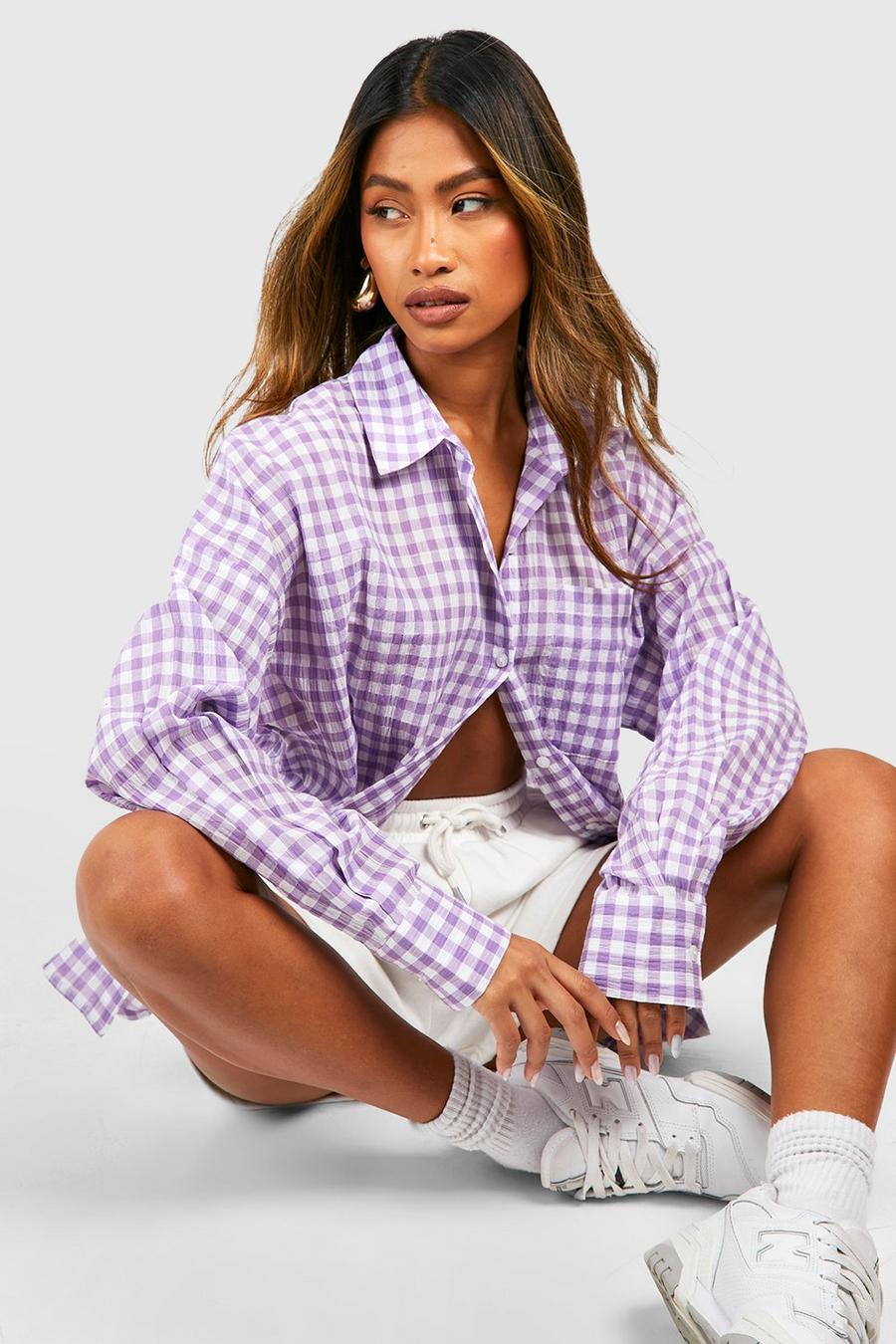 Lilac Gingham Oversized Cotton Shirt  image number 1