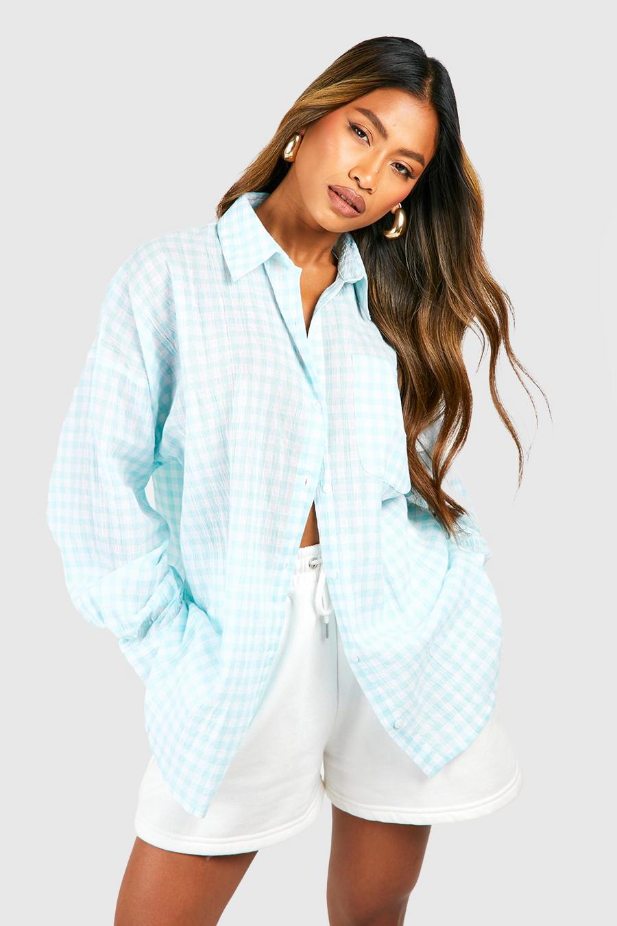 Women's Mint Gingham Oversized Cotton Shirt | Boohoo UK