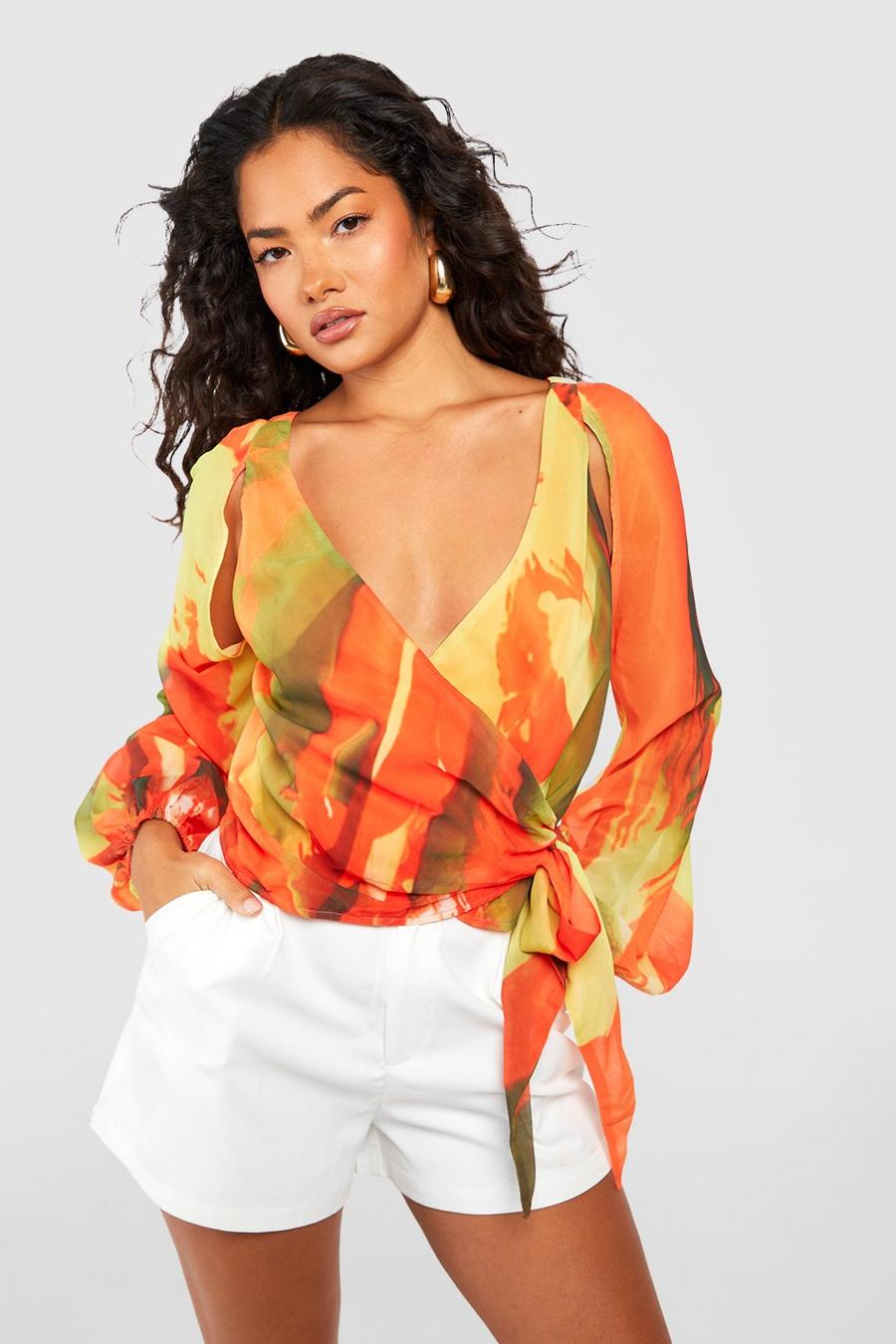 Blusa cruzada con estampado abstracto, Orange image number 1