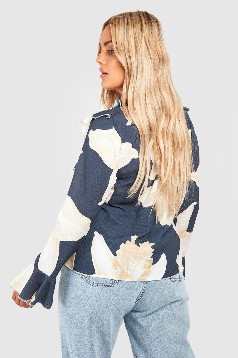 Plus Floral Double Ruffle Frill Blouse