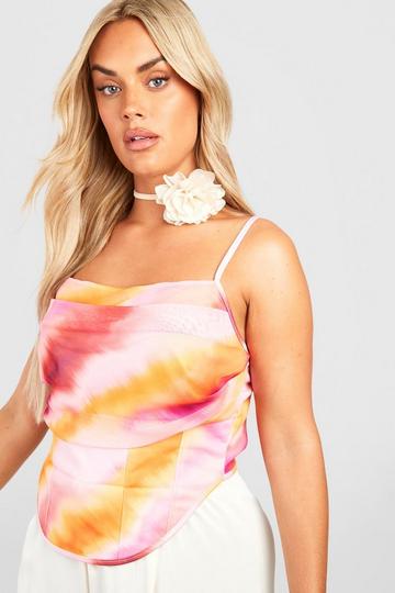 Plus Abstract Strappy Ruched Corset Top pink