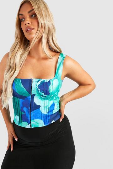 Plus Floral Seam Detail Hook And Eye Corset Top blue