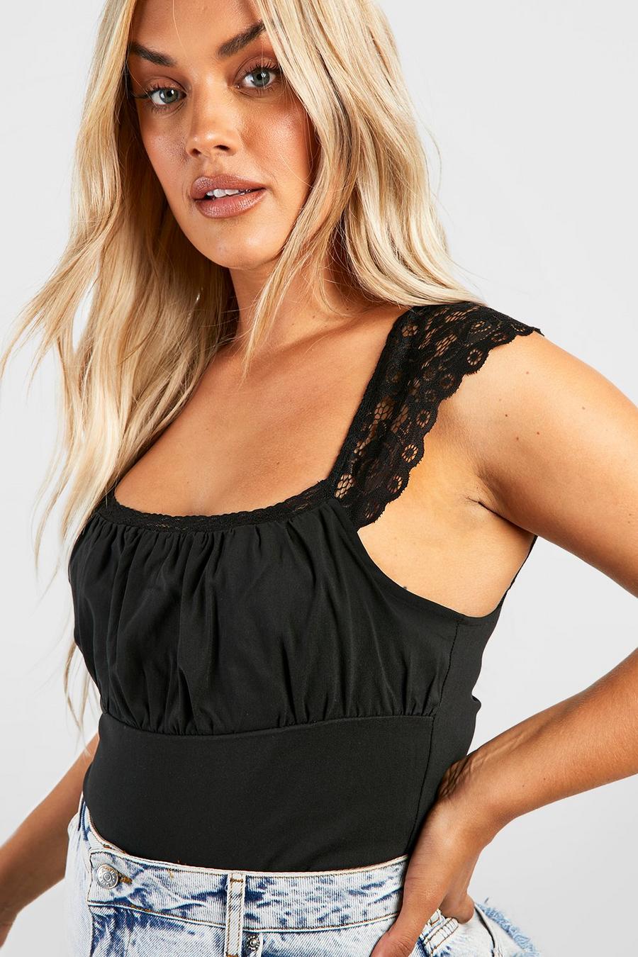Top a corsetto Plus Size in bengalina rifinito in pizzo, Black image number 1