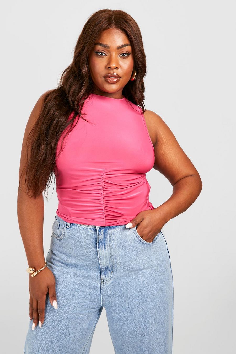 Hot pink Plus Ruched Front Racer Crop Top 
