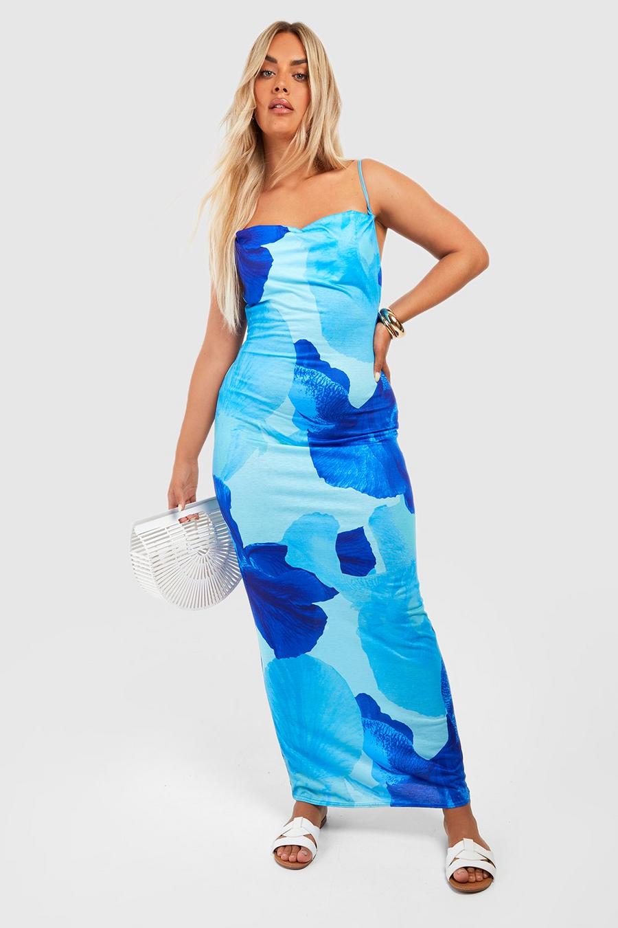 Blue Plus Large Abstract Floral Slinky Maxi Dress image number 1