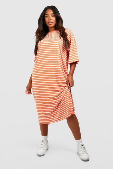 Plus Jersey Knit Stripe Midi T-Shirt Dress orange