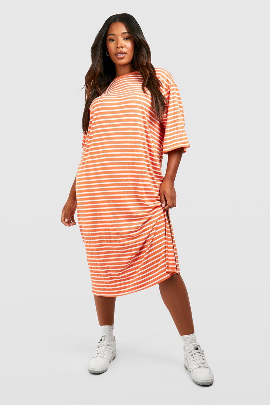 Plus gestreiftes Midi T-Shirt-Kleid aus Jersey, Orange image number 1