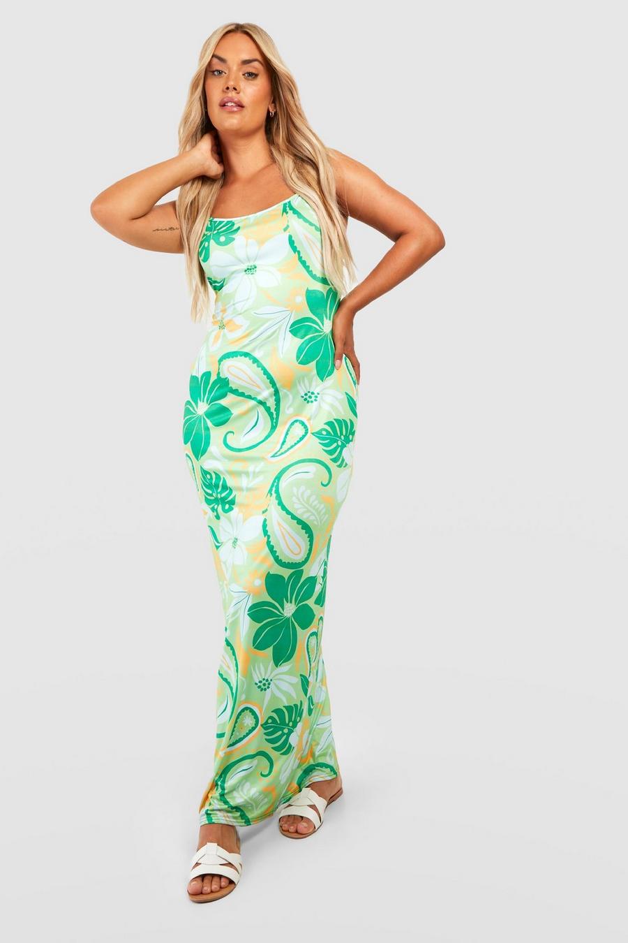 Green Plus Jersey Knit Floral Print Maxi Dress