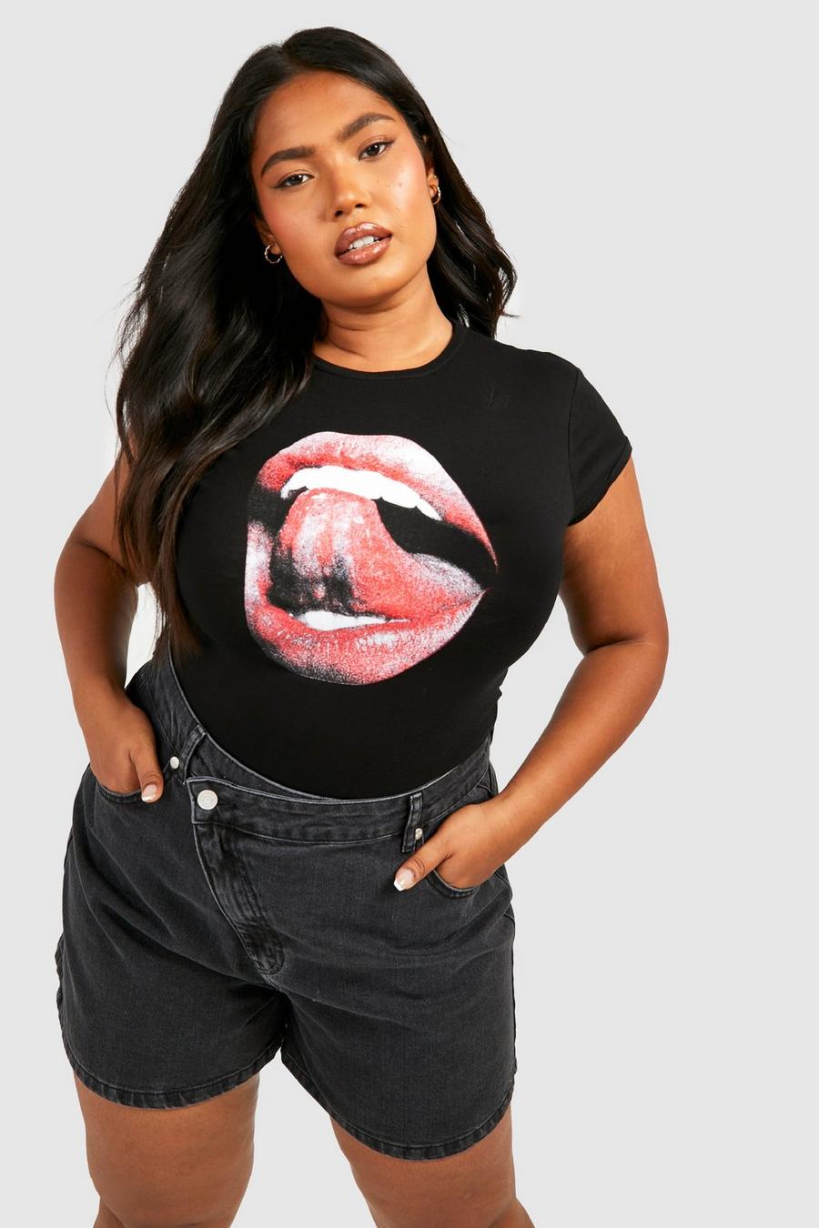 T-shirt Plus Size sagomata con maniche ad aletta e labbra, Black image number 1