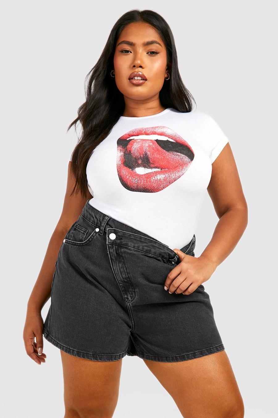 White Plus Cap Sleeve Fitted Lips T-shirt image number 1
