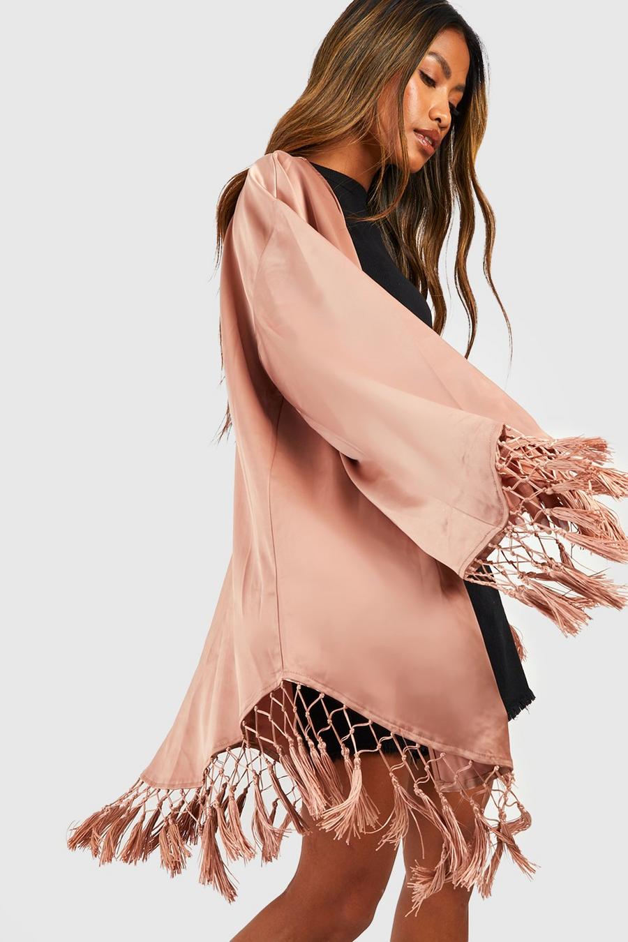 Pink Satin Fringe Detail Wide Sleeve Kimono 