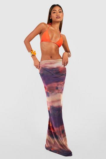 Mesh Slip Landscape Print Maxi Skirt stone