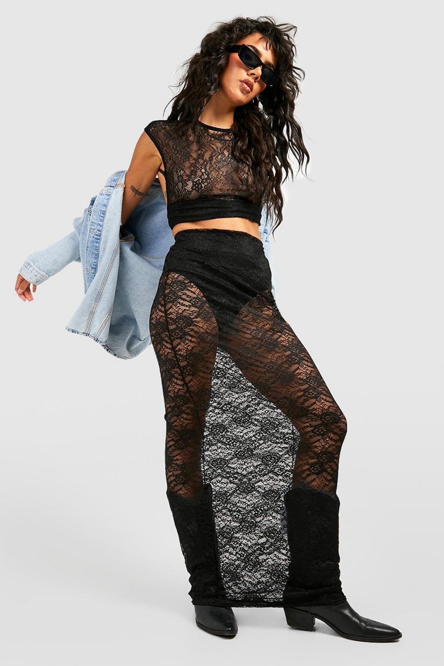 Black schwarz Lace Slip Maxi Skirt