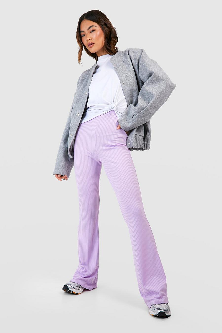 Lilac Soft Rib High Waisted Flared Pants image number 1