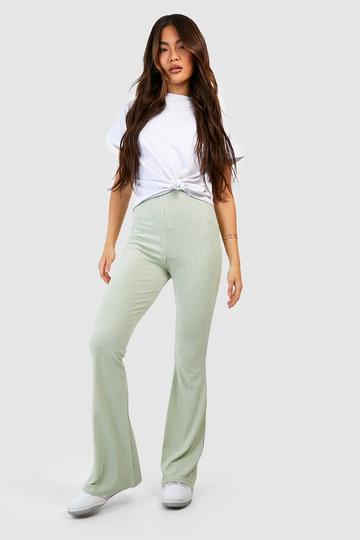 Sage Green Soft Rib High Waisted Flared Pants