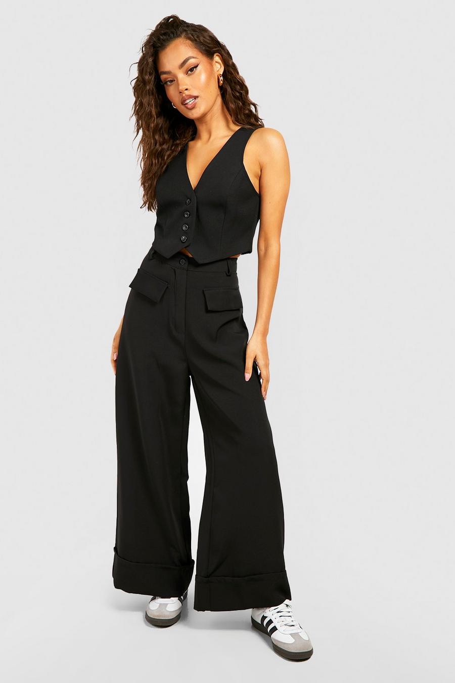 Black Tailored Cropped Wide Leg Pants