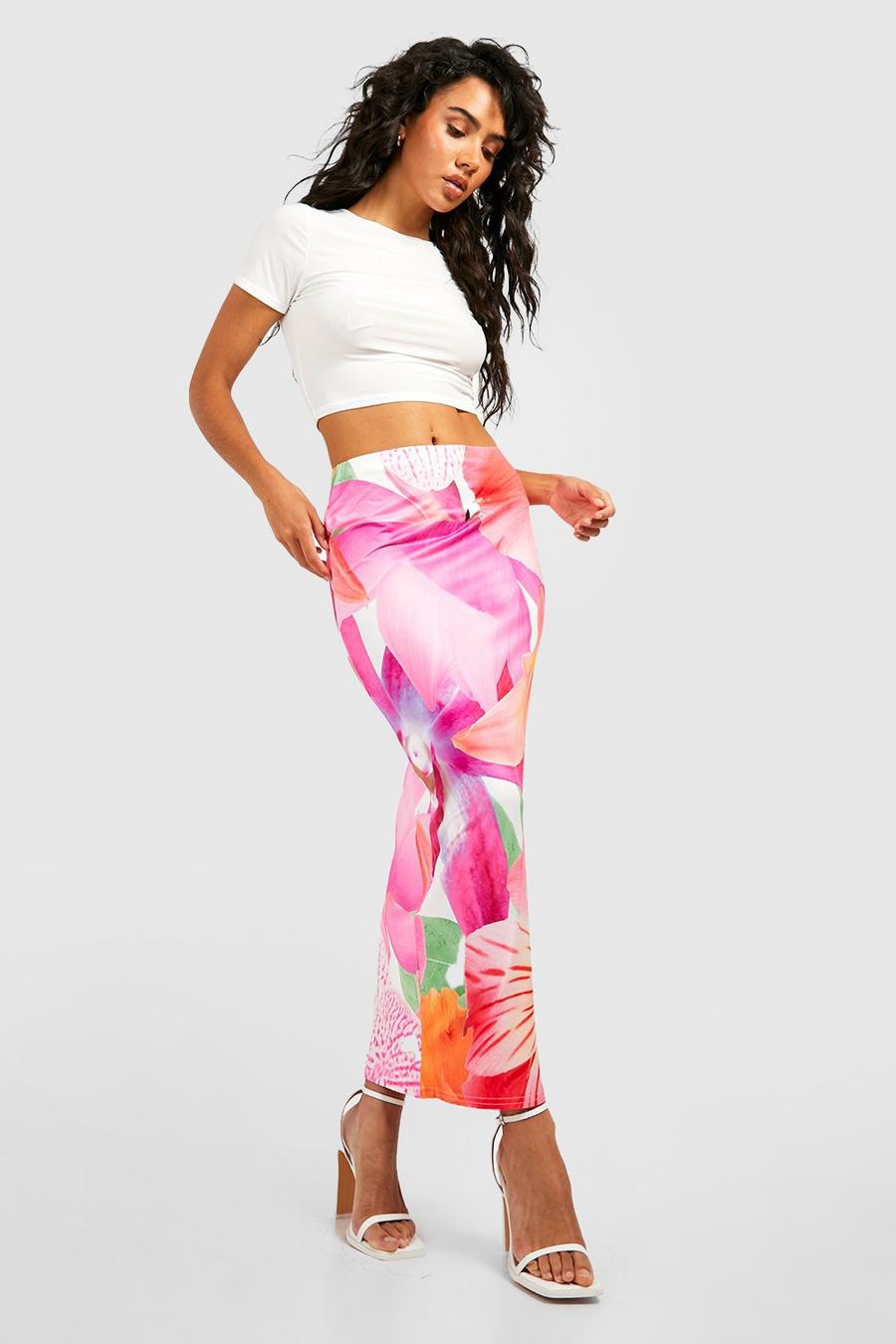 Pink Slinky Floral Midaxi Skirt