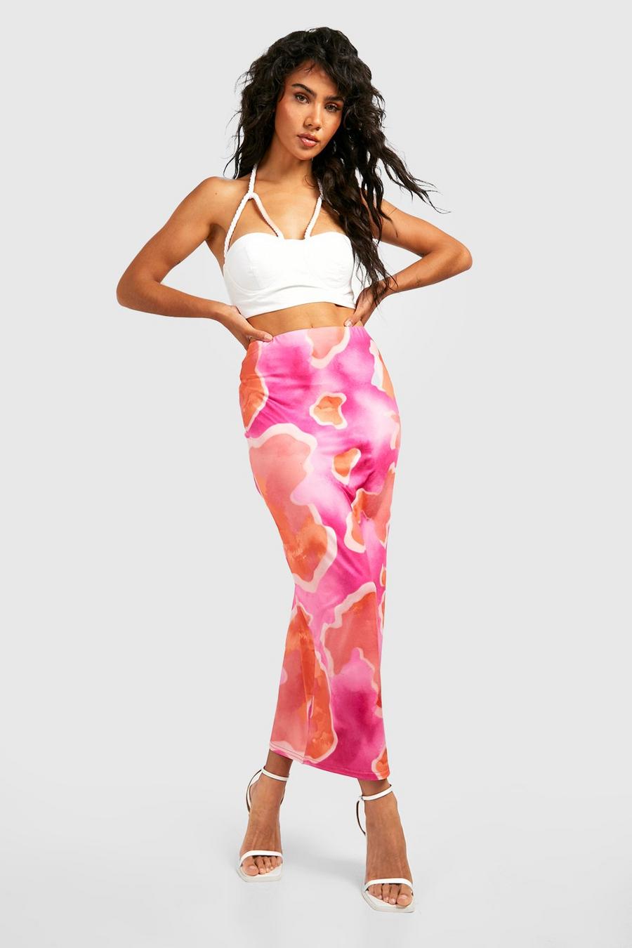 Pink Slinky Abstract Print Midaxi Skirt