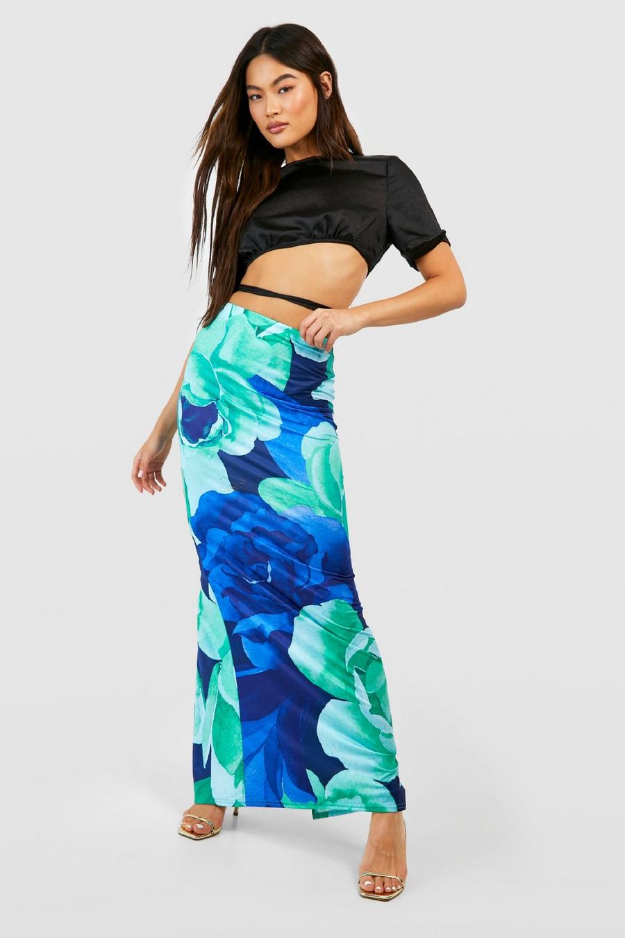 Blue Slinky Floral Slip Maxi Skirt