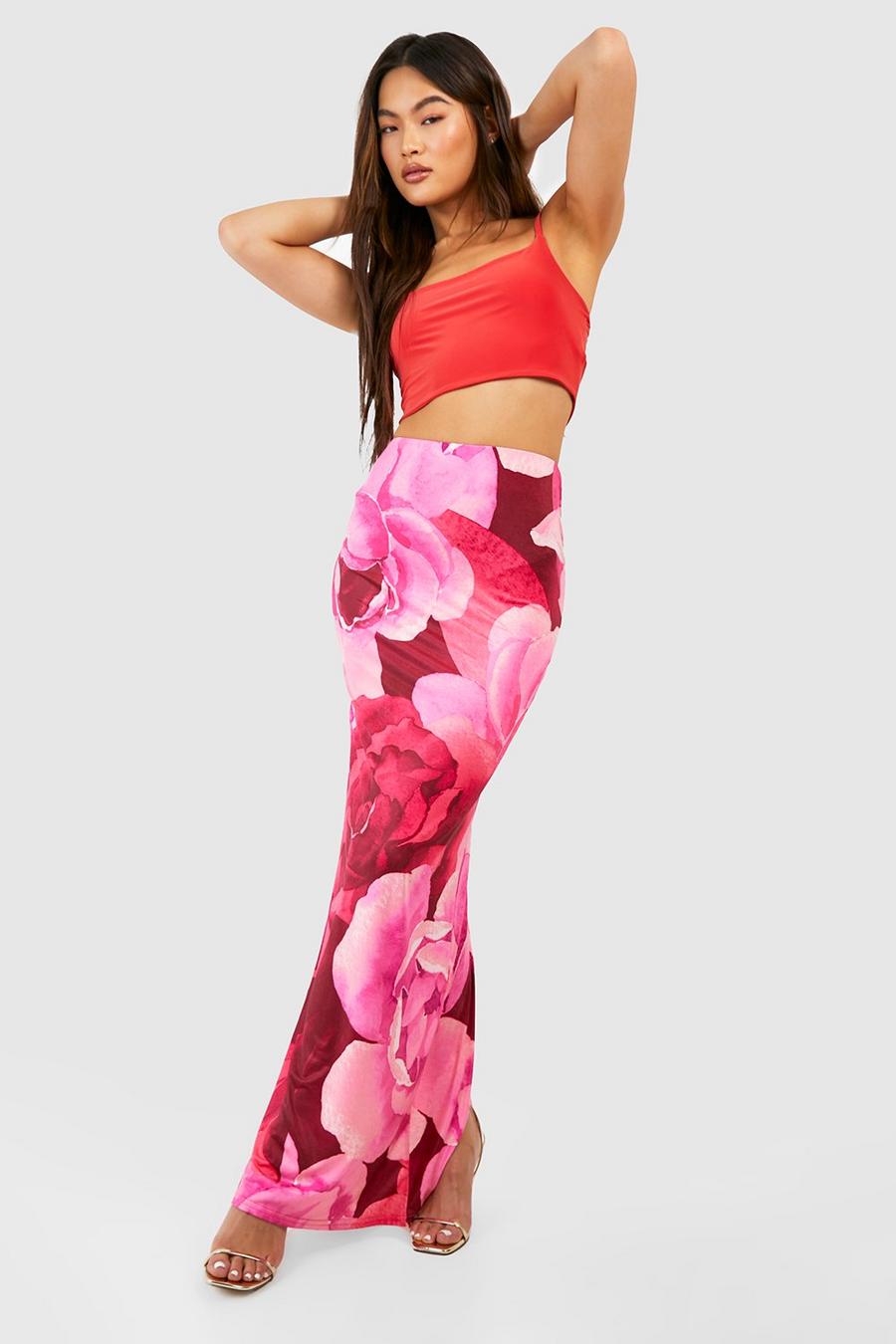 Pink Slinky Floral Slip Maxi Skirt
