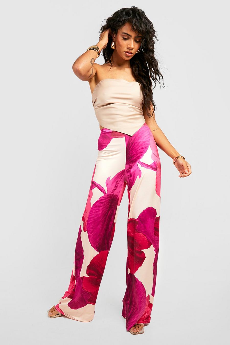 Pink Slinky Floral Wide Leg Trousers image number 1