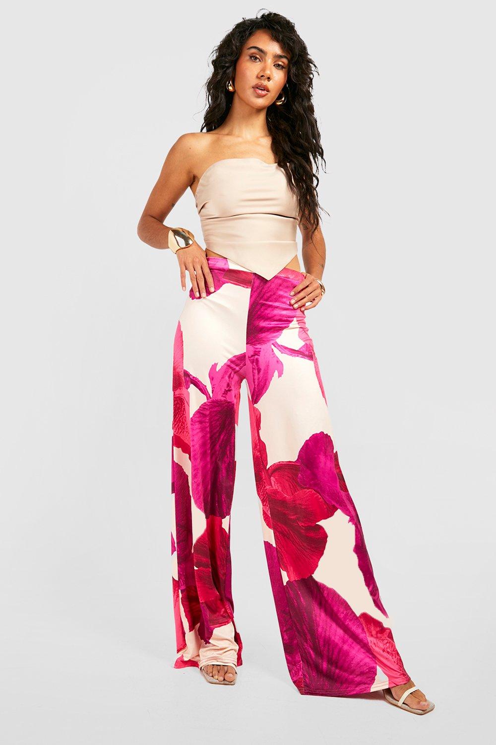 Hot Pink Slinky Cut Out Waist Flare Pants